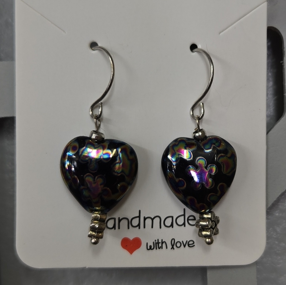 Handmade Black Heart Earrings with Iridescent Vitrail Design & Flower Accents